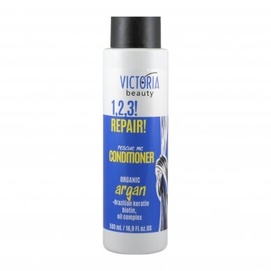 Victoria Beauty 1,2,3! Repair!  Kondicionieris bojātiem matiem ar organisko argana eļļu, Brazīlijas keratīnu un biotīnu, 500ml